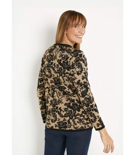 Pull chaud jacquard fleuri brillant col rond