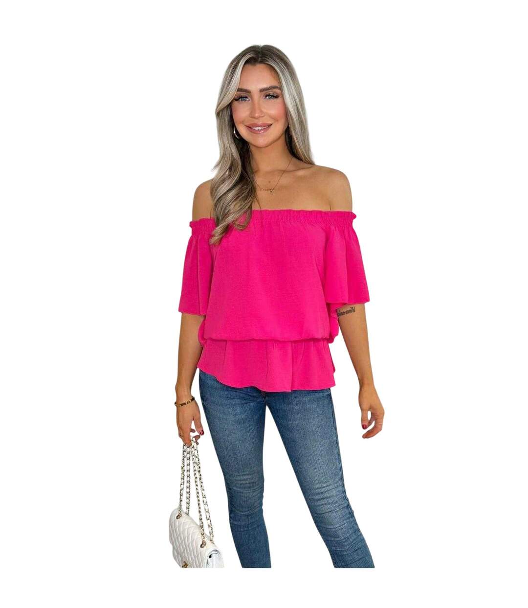 Womens/ladies Ruffle Hem Bardot Top Hot Pink AX Paris-2