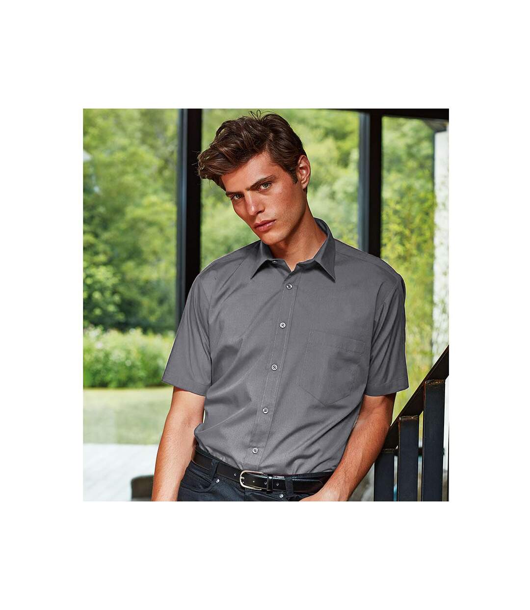 Mens short sleeve formal poplin plain work shirt steel Premier