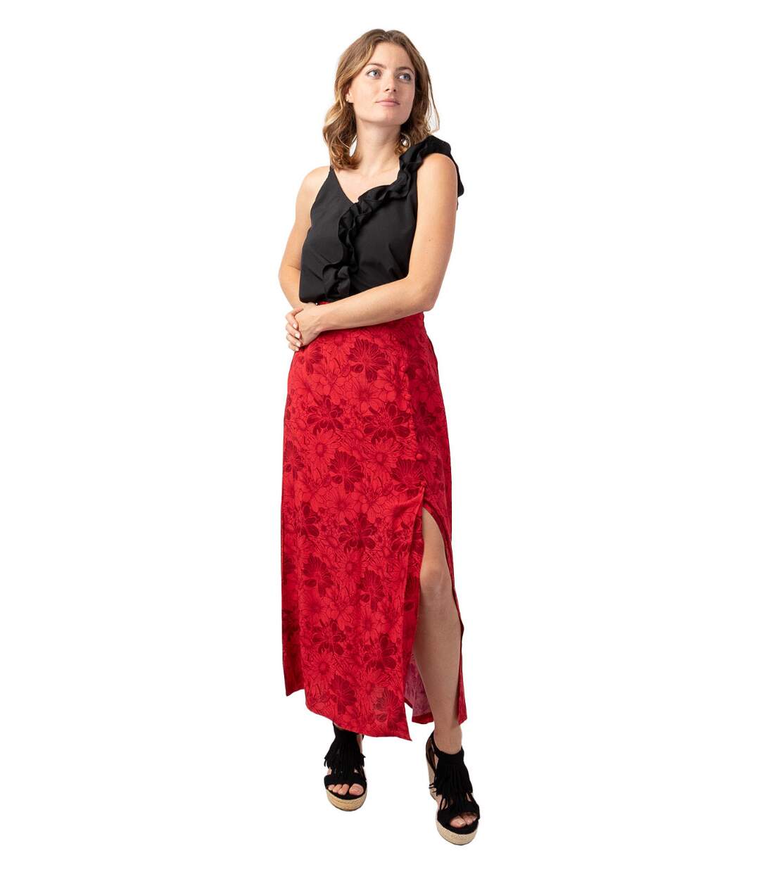 Jupe longue femme été en viscose LIBERTY motif floral rouge Coton Du Monde-1