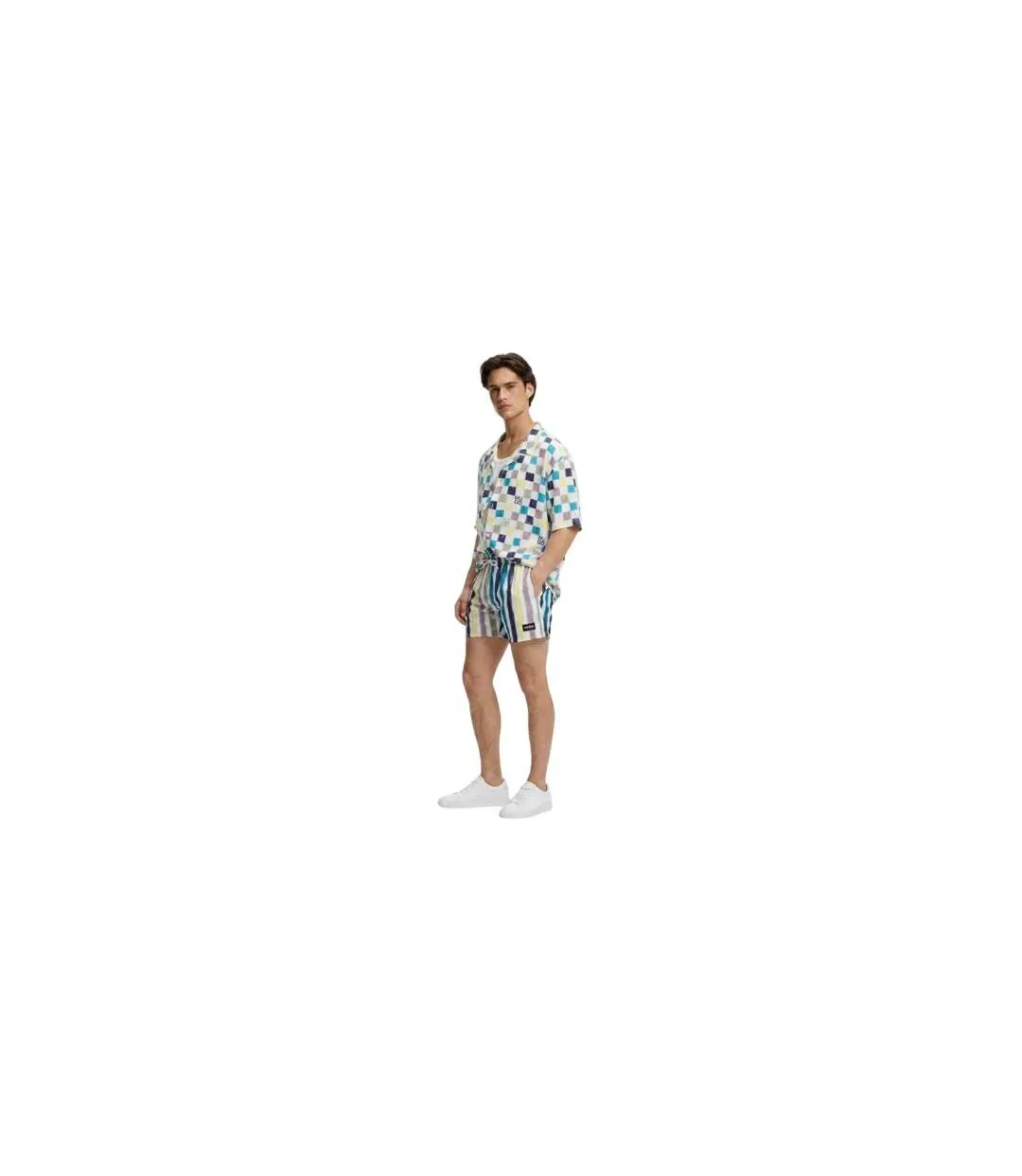 Short De Bain Motif/style Rayures Contrastées Homme Vert Clair Hugo-1