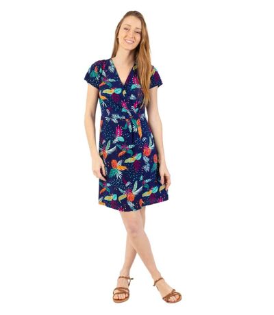 Robe courte effet cache cœur AMANDA imprimé tropical bleu Coton Du Monde