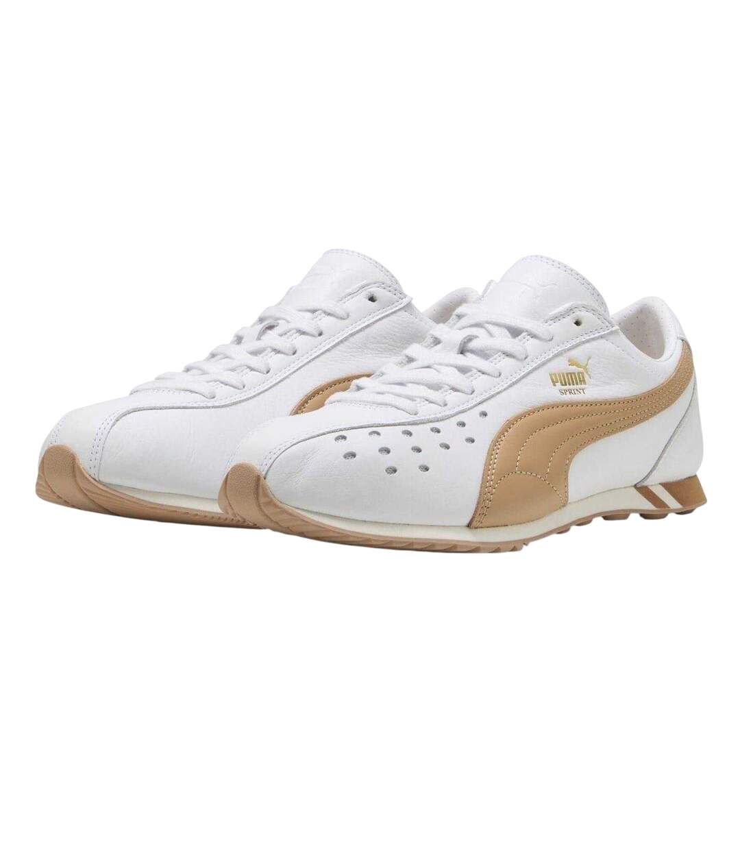 Mens Sprint Cowhide Leather Lace Up Trainers White Tan Puma-4