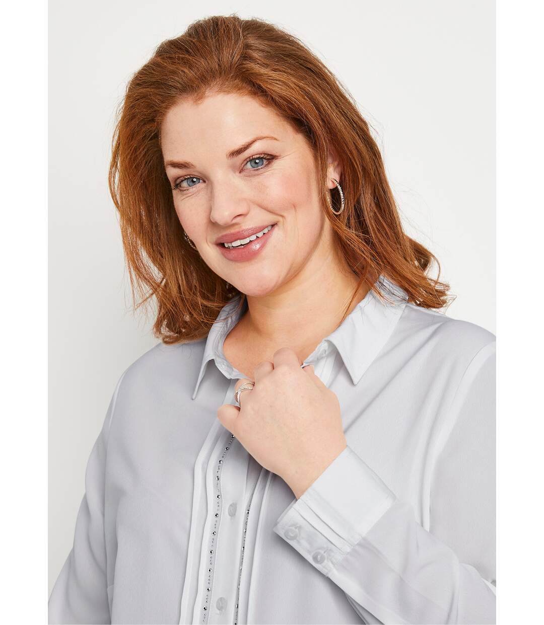 Chemisier uni boutonné long strass col chemise-4
