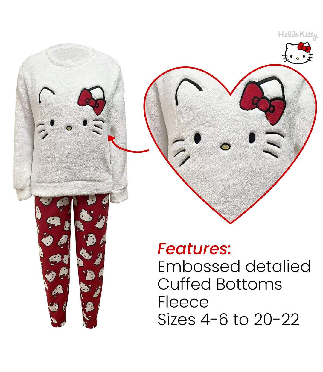 Ensemble De Pyjama Long Femme Blanc Rouge Hello Kitty-2