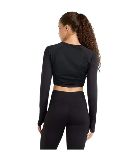 Womens/ladies Bodycon Raglan Long-sleeved Training Crop Top Black Umbro