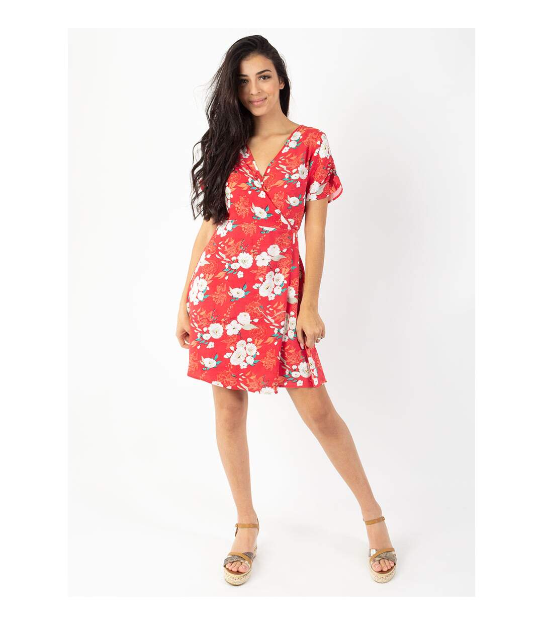 Robe courte cache cœur manches froncées LOUNA imprimé fleuri rouge Coton Du Monde-3