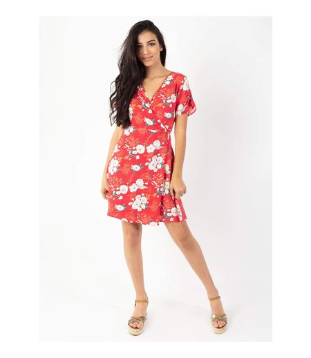 Robe courte cache cœur manches froncées LOUNA imprimé fleuri rouge Coton Du Monde