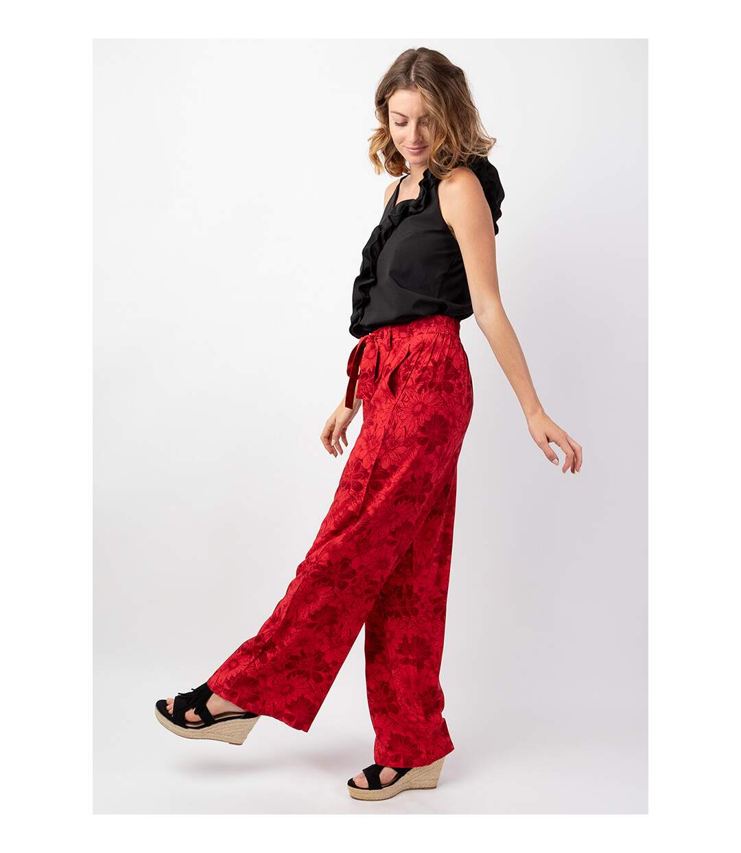 Pantalon femme fluide habillé MELODY rouge imprimé fleuri Coton Du Monde-3