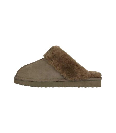 Womens/ladies Suede Faux Fur Lined Mule Slippers Dark Khaki Jack Wills