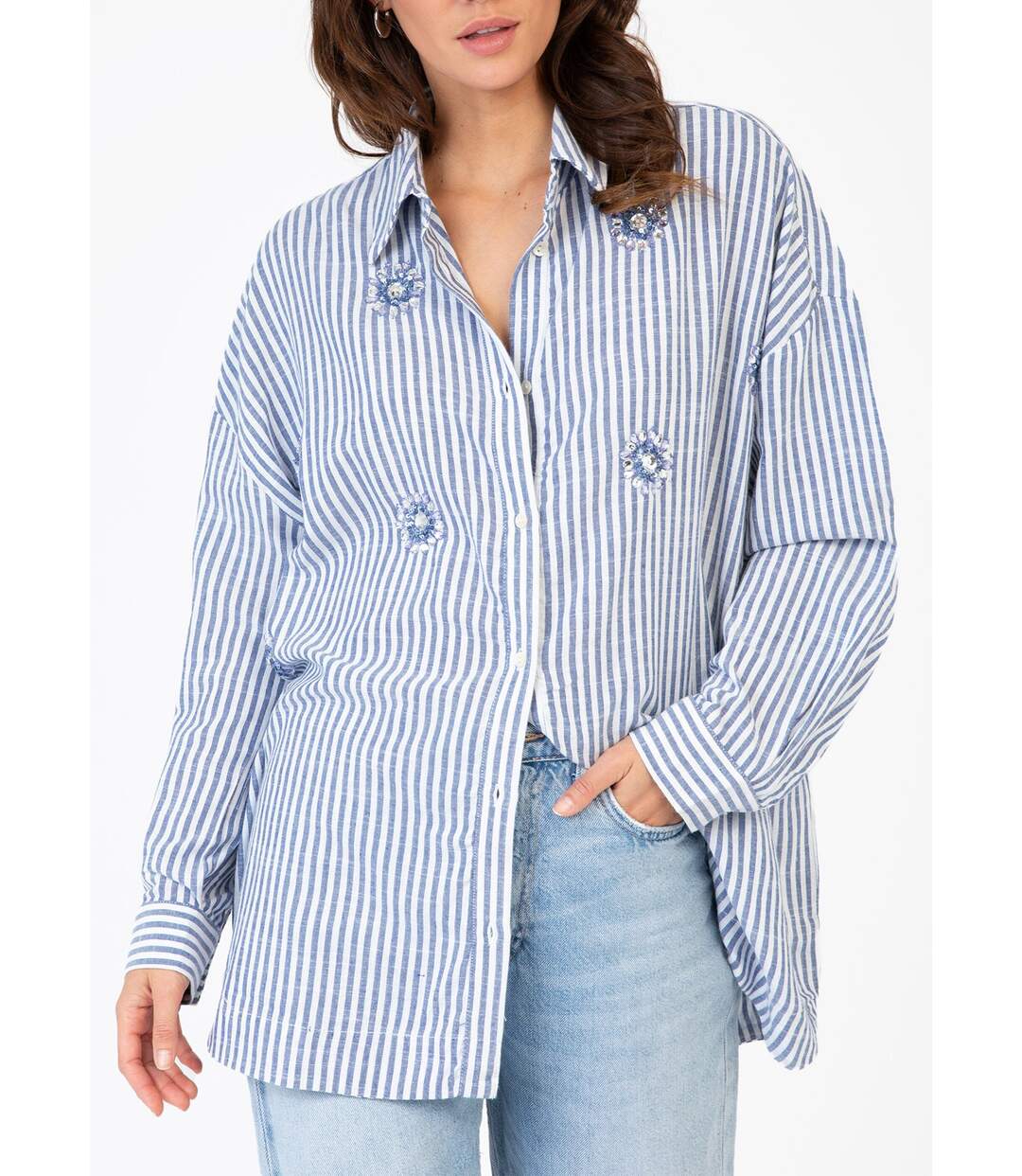 Chemise rayée coton détails bijoux-1