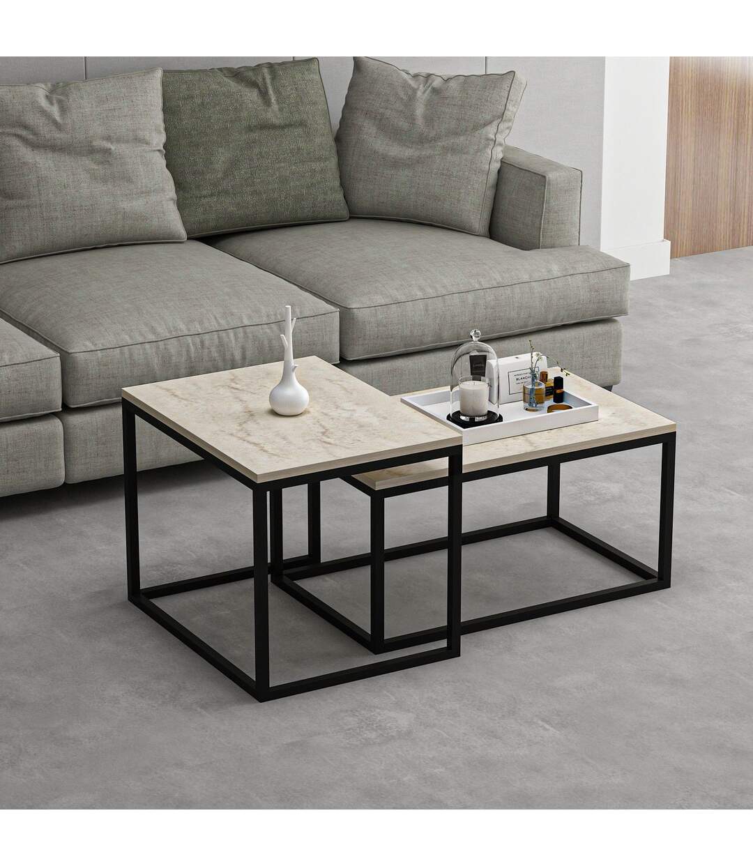 Duo de tables basses encastrables effet travertin - Beige et noir-2