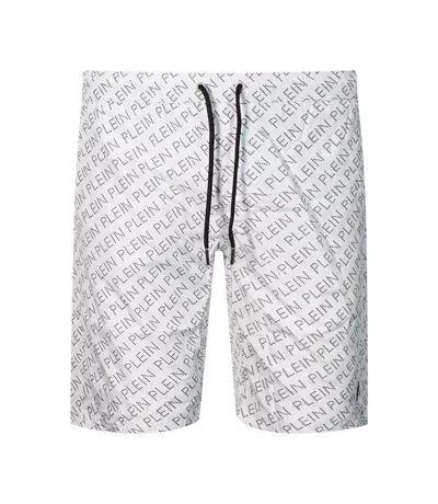 Short De Bain Motif Logo Répété Homme Blanc Philipp Plein