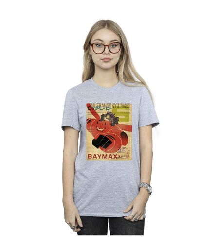 Disney Femme/Ladies Big Hero 6 Baymax Flying Baymax Newspaper Cotton Boyfriend T-Shirt (Gris sportif) - UTBI15472