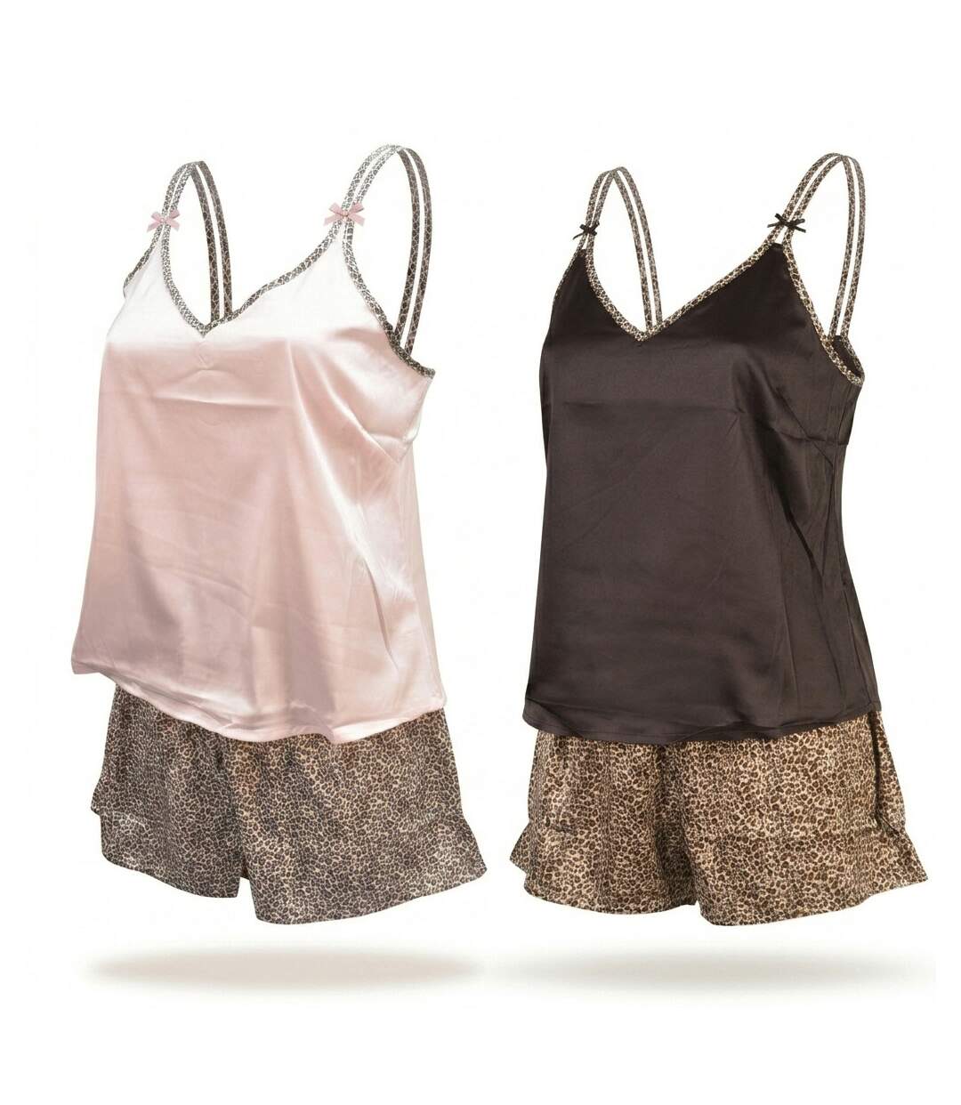 OZABI Pack 2 Pyjamas Femme Satinés, Débardeur Bretelles Léopard, Short Léopard-1