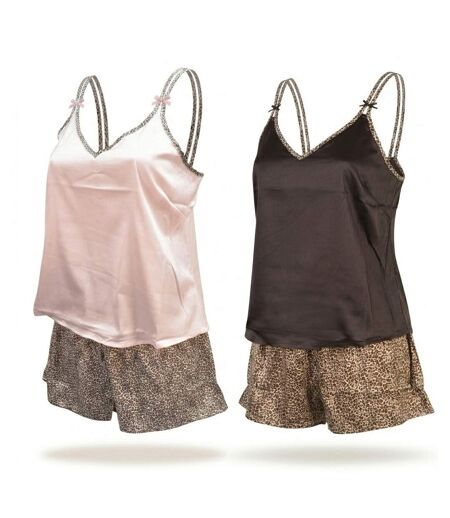 OZABI Pack 2 Pyjamas Femme Satinés, Débardeur Bretelles Léopard, Short Léopard