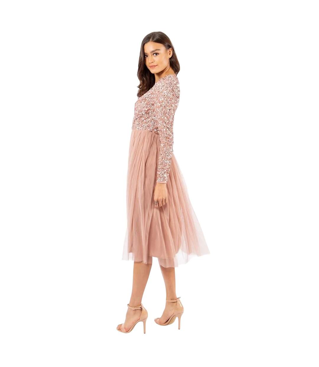 Womens/ladies V Neck Long-sleeved Wrap Dress Pale Mauve Deluxe-4