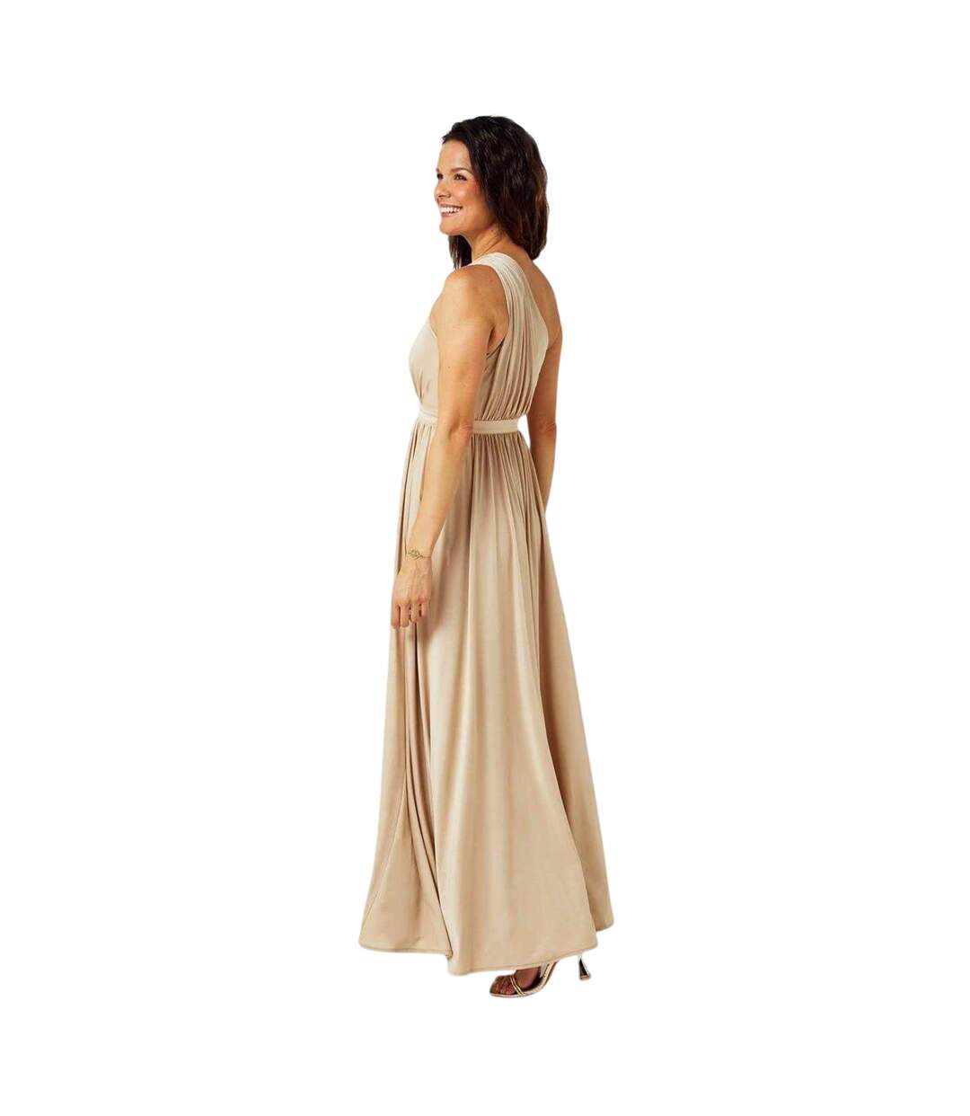 Robe Longue 1 Épaule Mariage Femme Beige Doré Biba-3