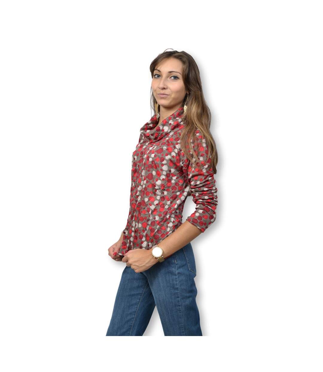 Tee shirt  femme manches longues col rouleté motifs abstraits-3