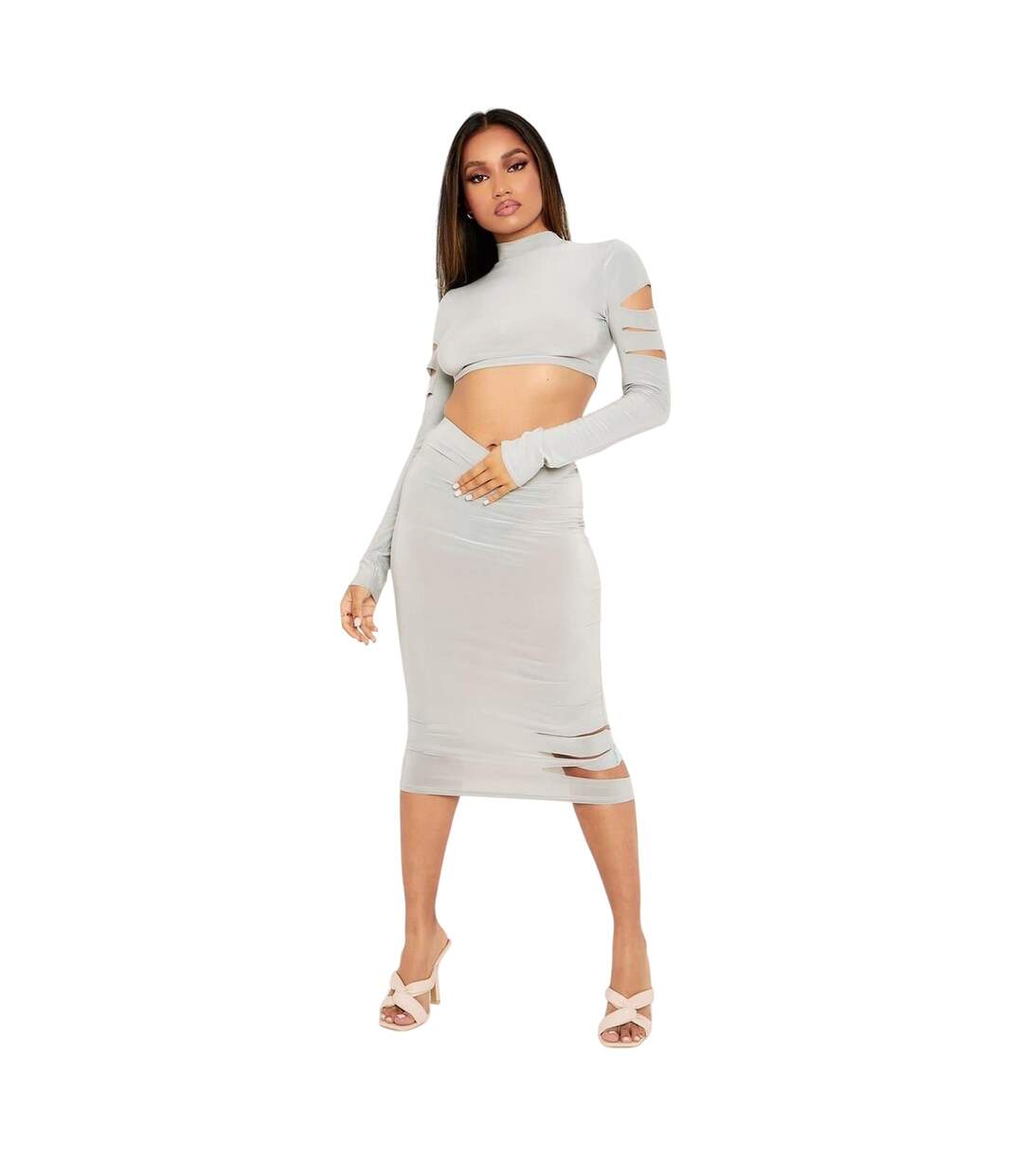 Jupe Mi-longue Femme Vert De Gris Clair Missy Empire-1