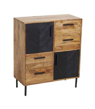 Commode en manguier naturel et teinté noir Damier 2 portes + 4 tiroirs