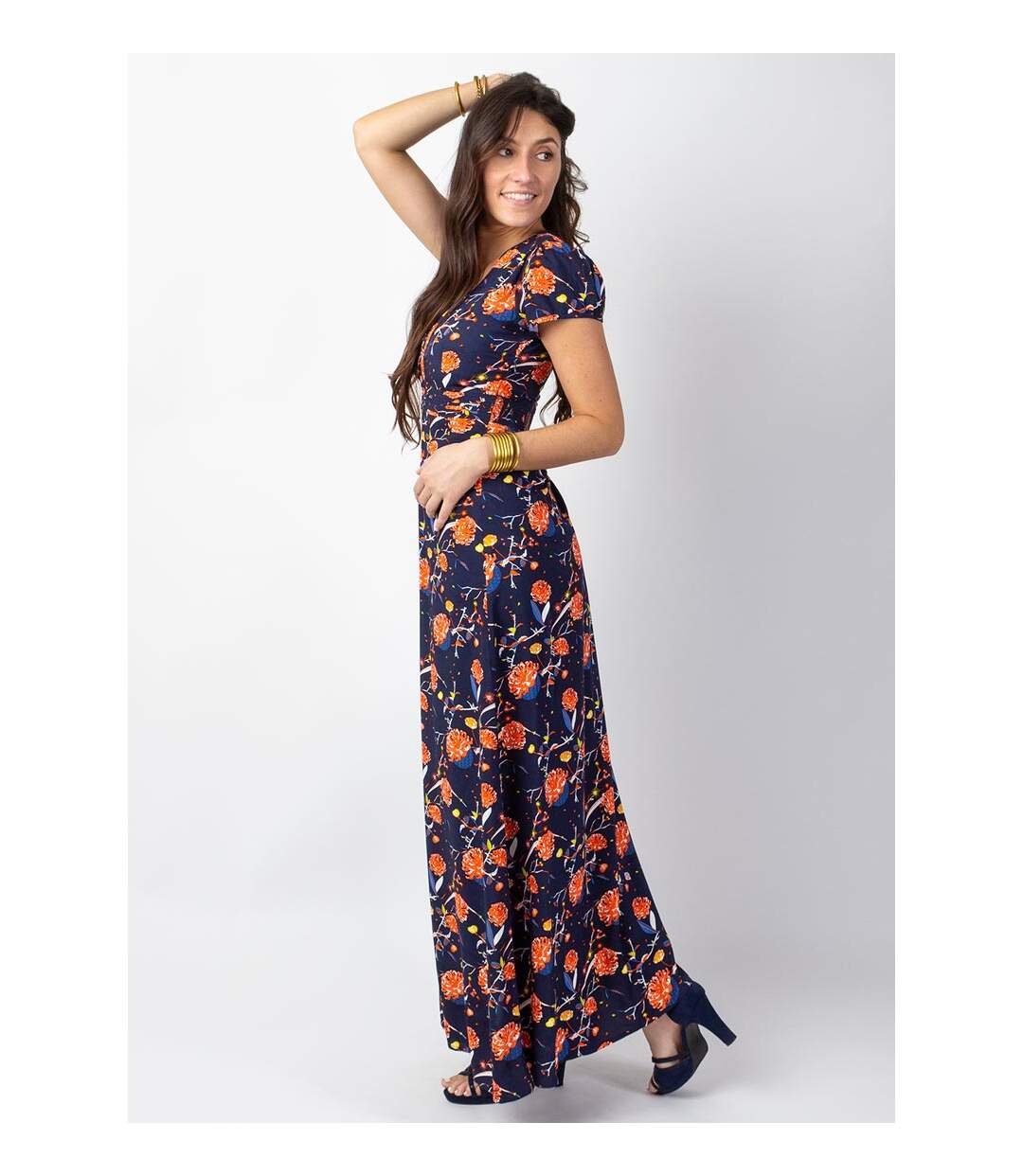 Robe longue fluide MARBELLA imprimé fleuri marine Coton Du Monde