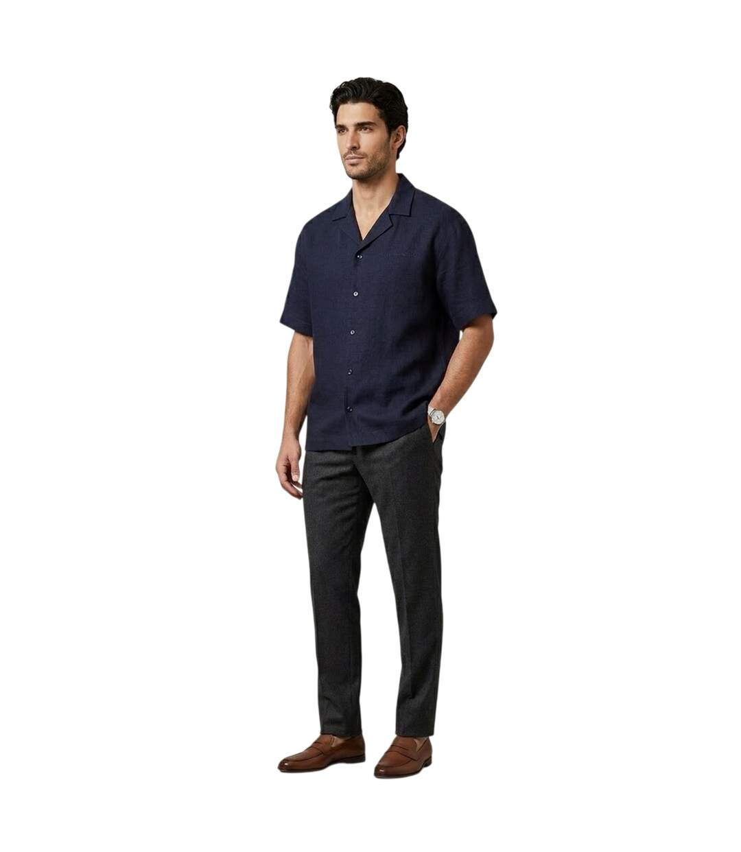 Mens Linen Blend Relaxed Fit Beach Shirt Blue Emporio Armani EA7-1