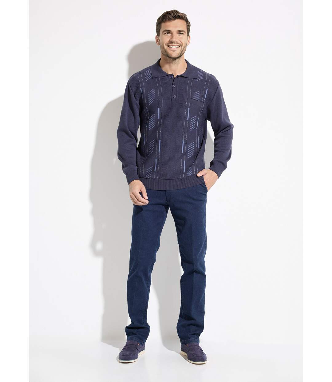 Pull col polo boutonné jacquard manches longues laine-3