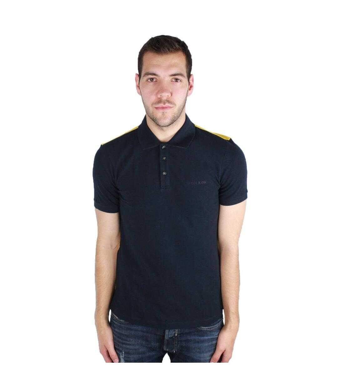 Mens Colour Block Polo Shirt Navy Blue Yellow Armani Jeans-1