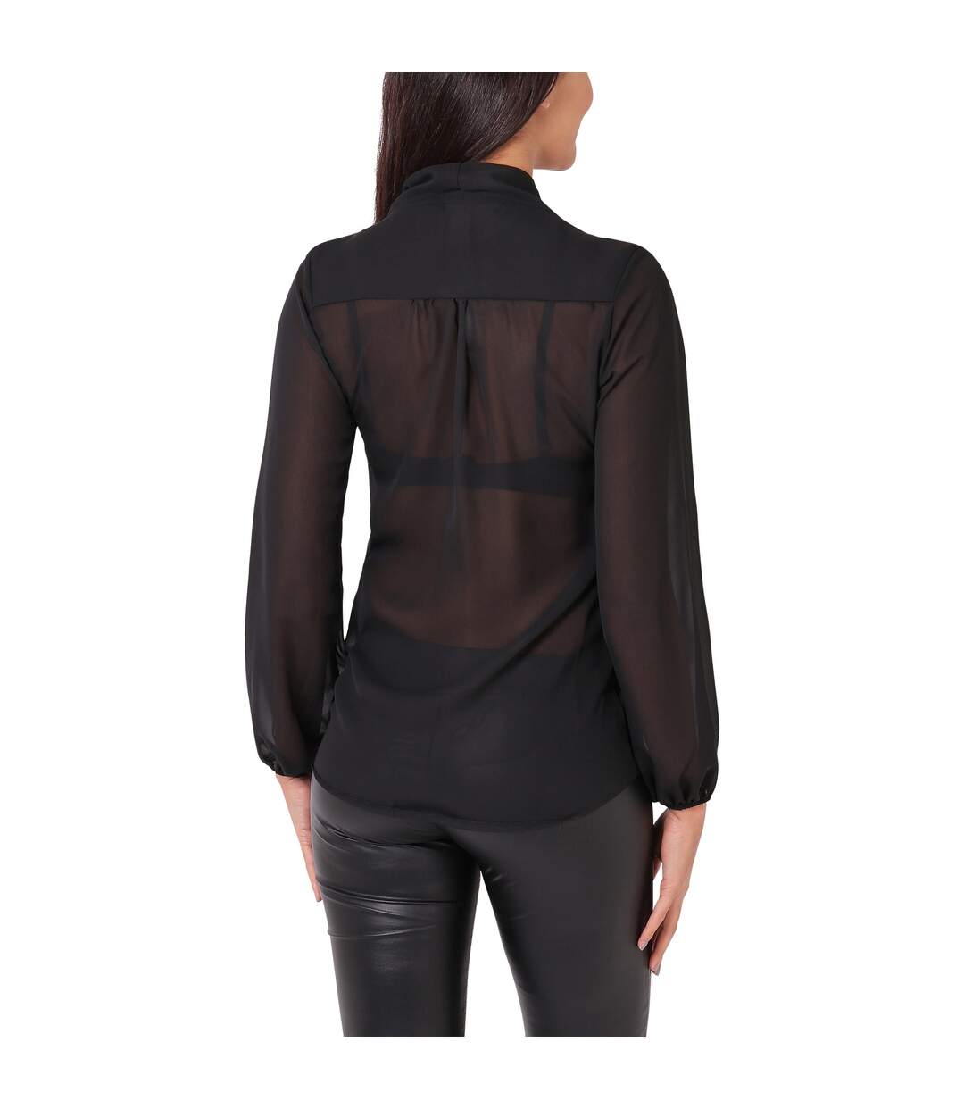 Womens/ladies Long Pussy Bow Chiffon Blouse Black Krisp-3