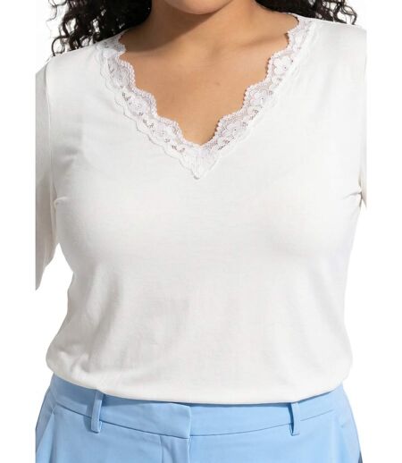 T-shirt court dentelle col V manches longues