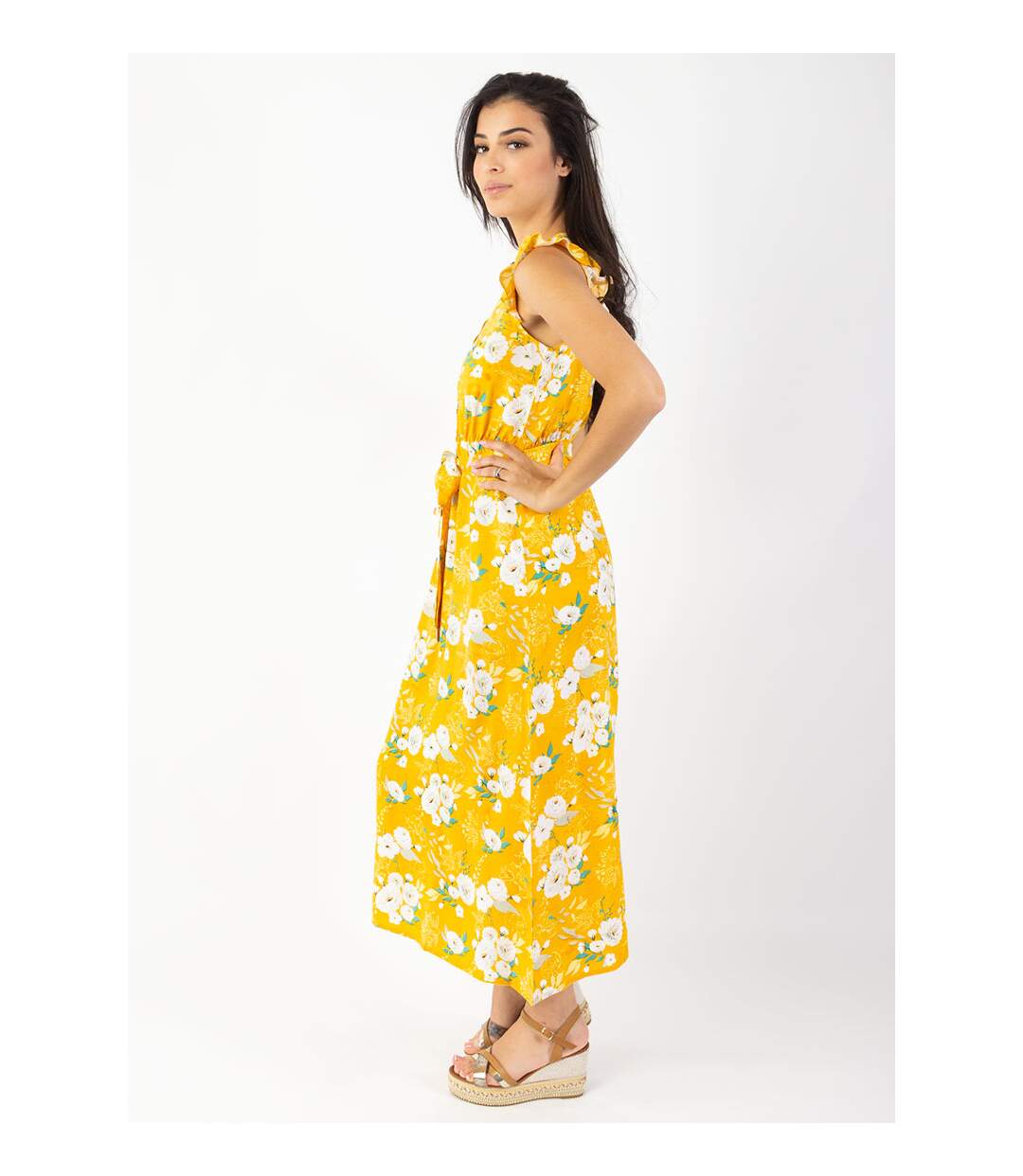 Robe longue manches volantées KAYLA fleurie jaune Coton Du Monde