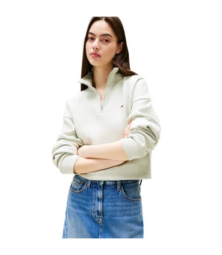Womens/ladies Fleece Quarter Zip Boxy Crop Sweatshirt Misty Tommy Jeans