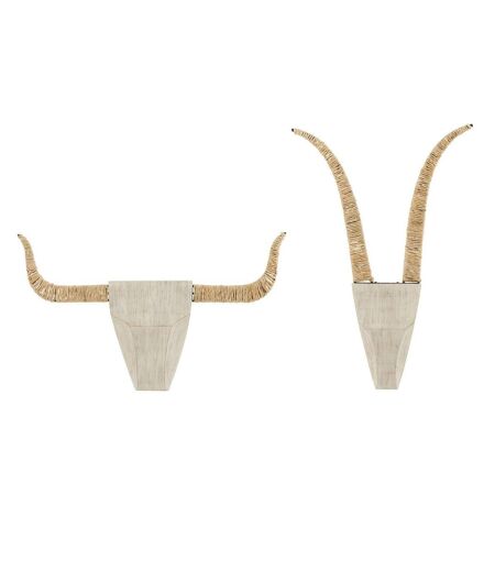 Lot de 2 Décorations Murales en Bois Taureaux 65cm Blanc