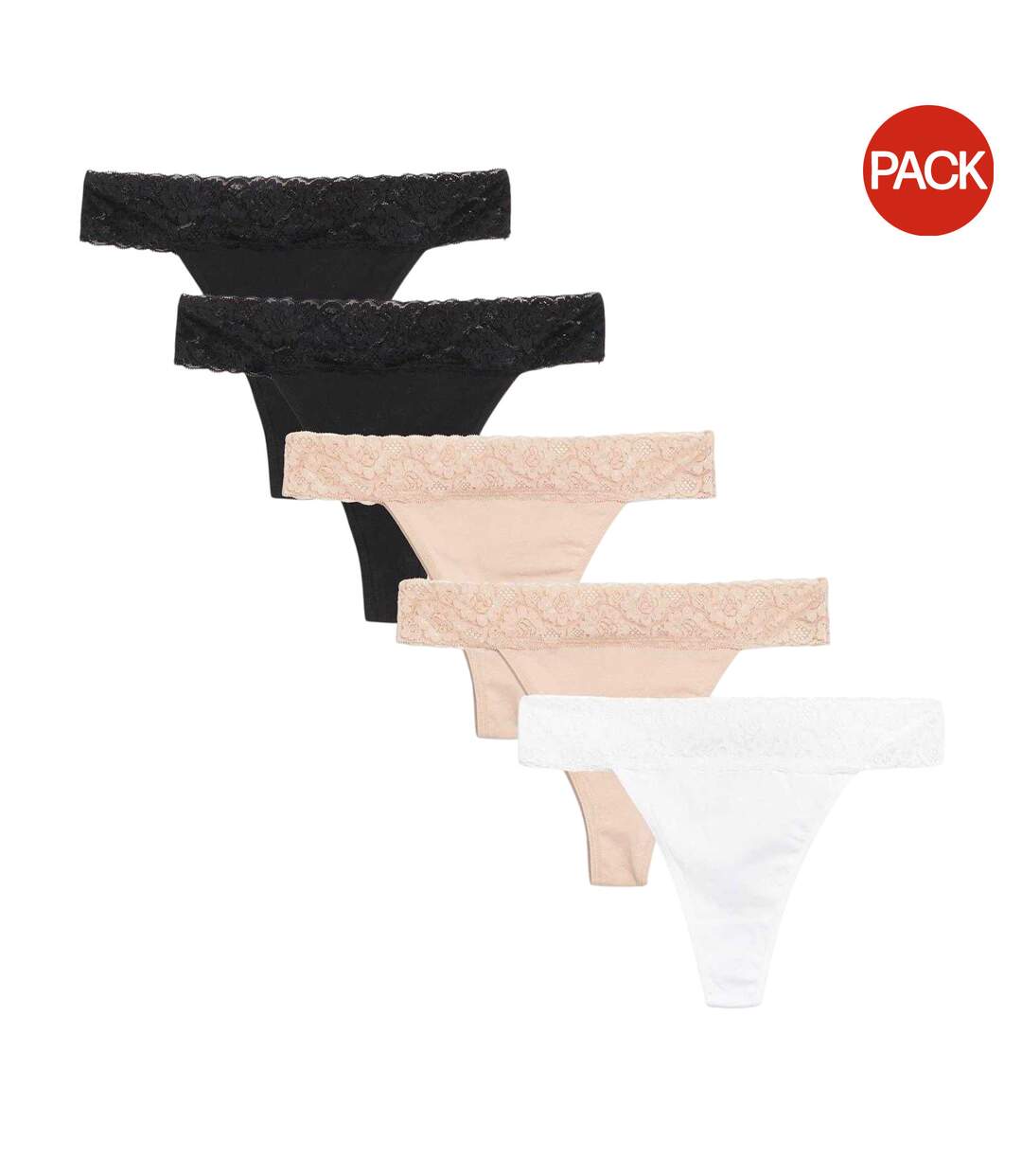 Pack Of 5  Womens/ladies Lace Trim Cotton Thong  Black White Nude Be You-1