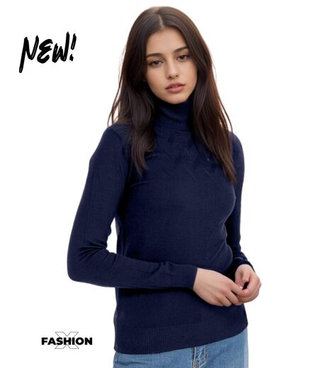 Pull femme manches longues - Col roulé - Couleur bleu marine