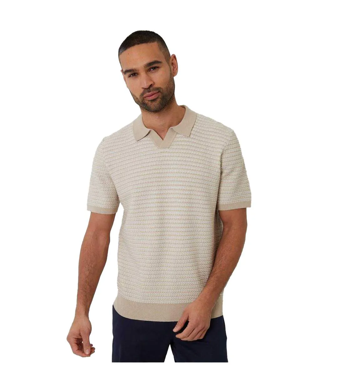 Mens Knitted Regular Short-sleeved Polo Shirt Beige Threadbare-2