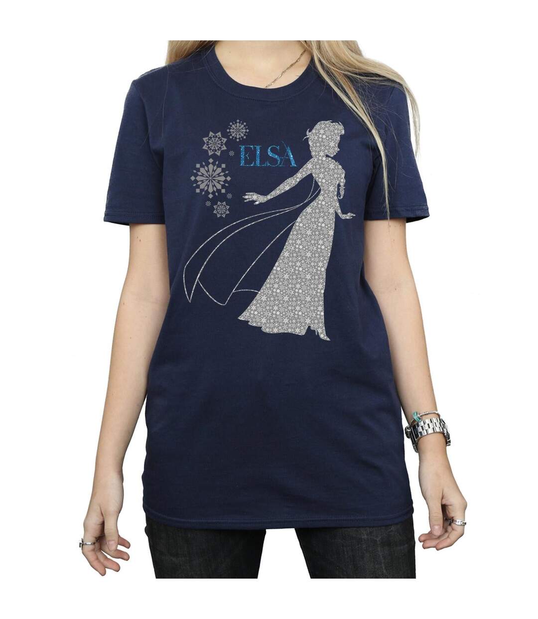 Disney Womens/Ladies Frozen Elsa Christmas Silhouette Cotton Boyfriend T-Shirt (Bleu marine) - UTBI24670-3