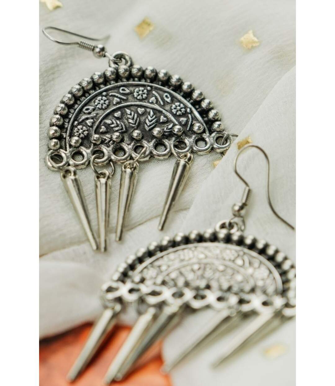 Gold Semicircular Intricate Oxidized Indian Asian Boho Drop Ethnic Tribal Jhumka-1