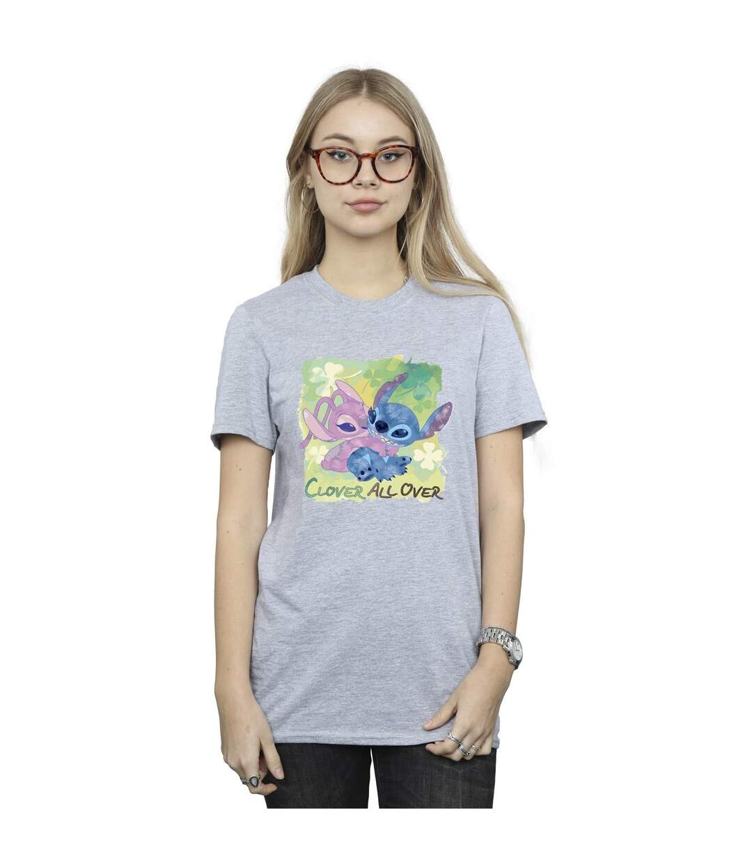 Disney Womens/Ladies Lilo And Stitch St Patrick's Day Clover Cotton Boyfriend T-Shirt (Gris sportif) - UTBI30136-2