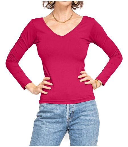 Tee shirt femme manches longues col en V couleur rose