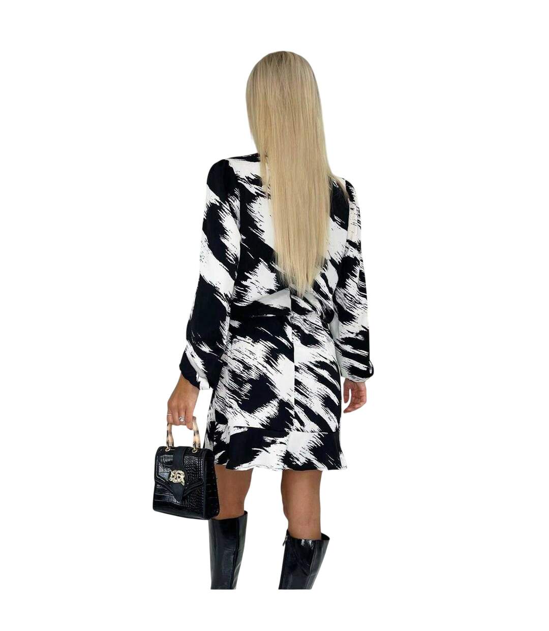 Womens/ladies Brush Stroke Polyester Long-sleeved Skater Dress Black White AX Paris-3