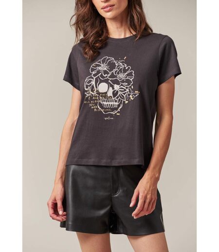 T-shirt manches courtes femme avec motif crâne et fleurs WONDERSKULL