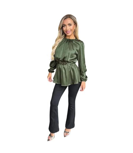 Womens/ladies Gold Detail Belted Long-sleeved Top Olive AX Paris