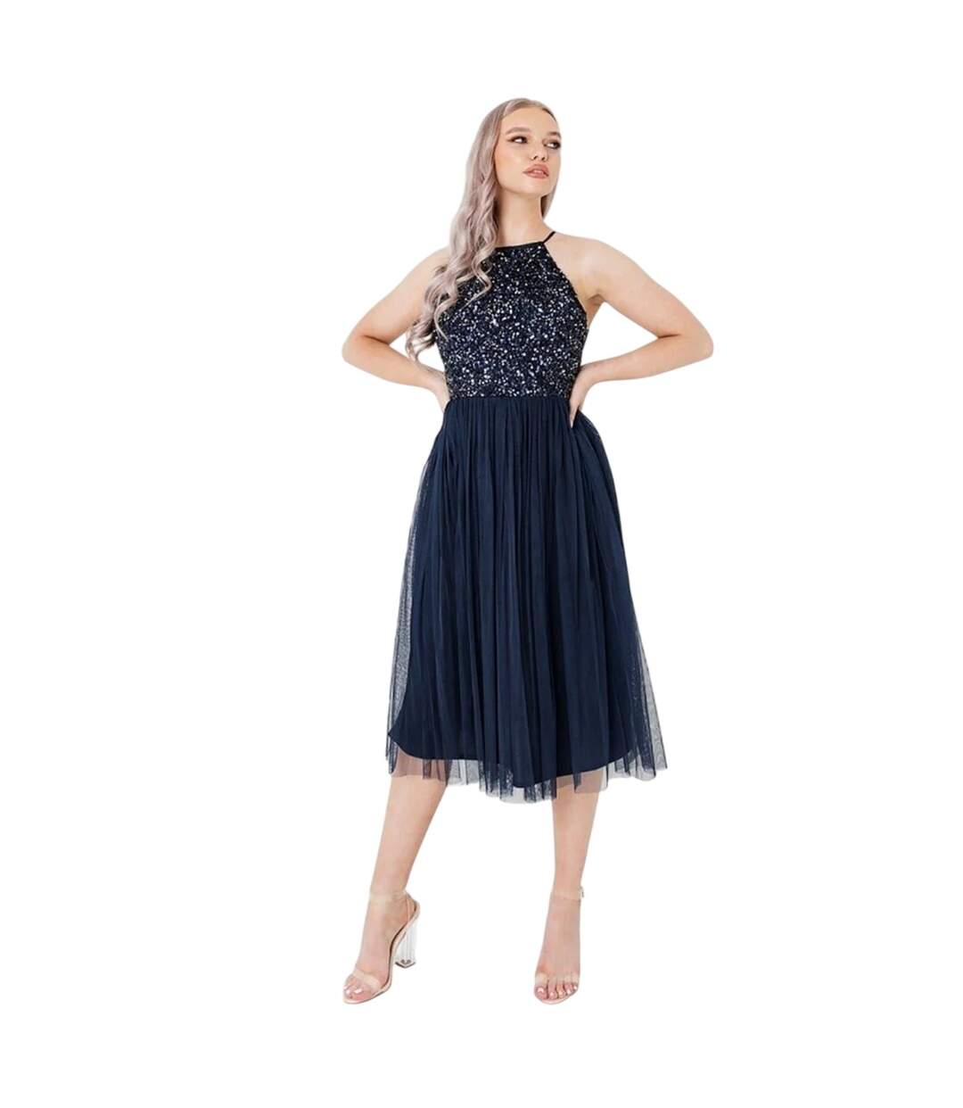 Womens/ladies Sequin Formal Midi Dress Navy Deluxe-1