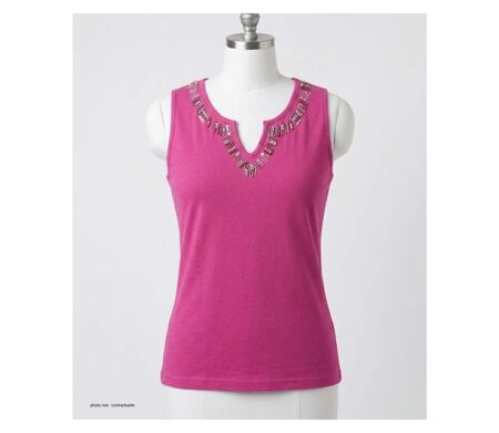 Débardeur femme MAYFLOWER REFAT : Tee-shirt sans manches fushia avec col strass étincelant