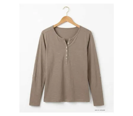 MAYFLOWER NINON3 : Tee-shirt manches longues taupe en coton flammé avec patte boutonnée