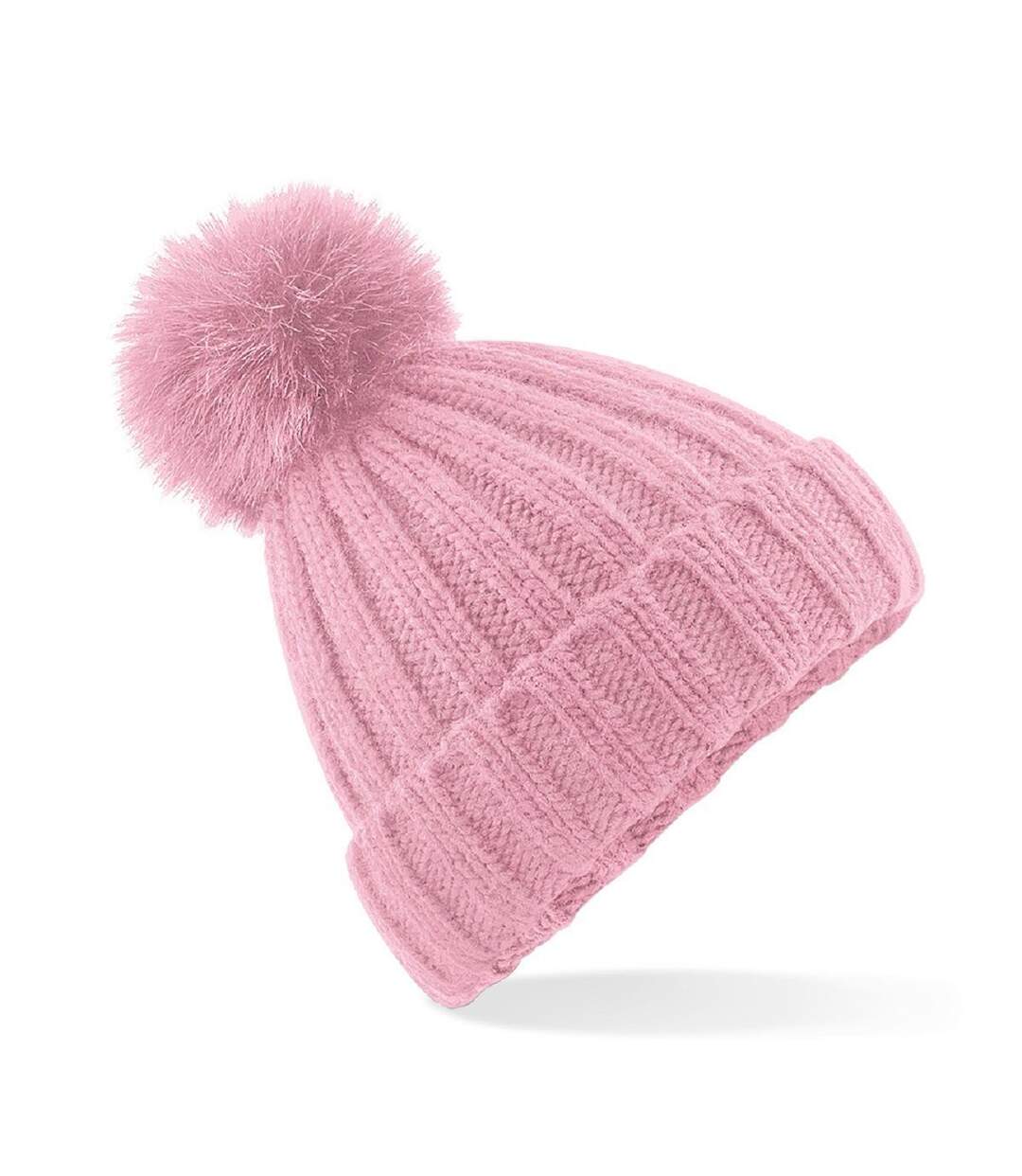 Bonnet à pompon en maille épaisse - Adulte - B413 - rose clair