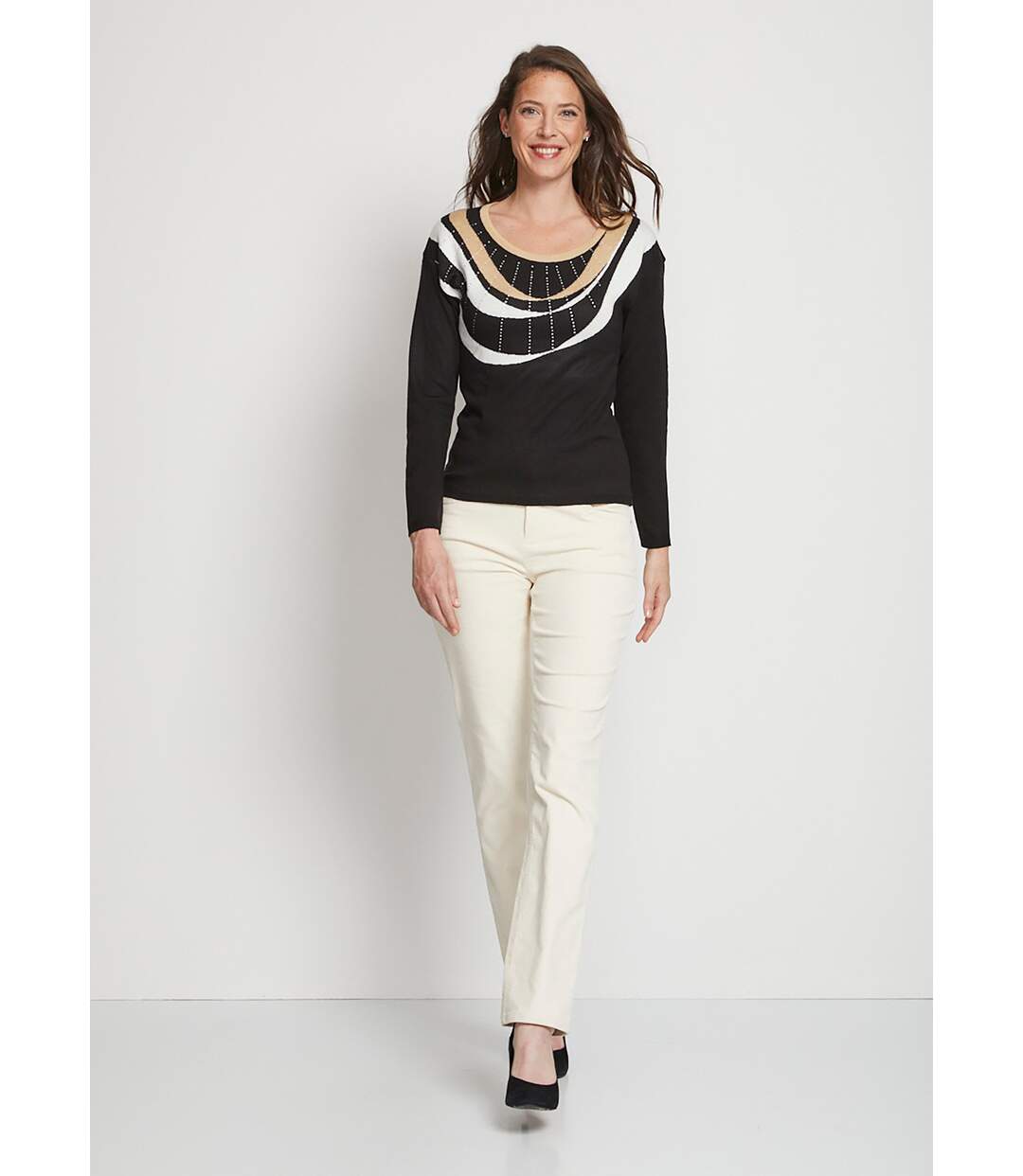 Pull court jacquard strassé col rond-4