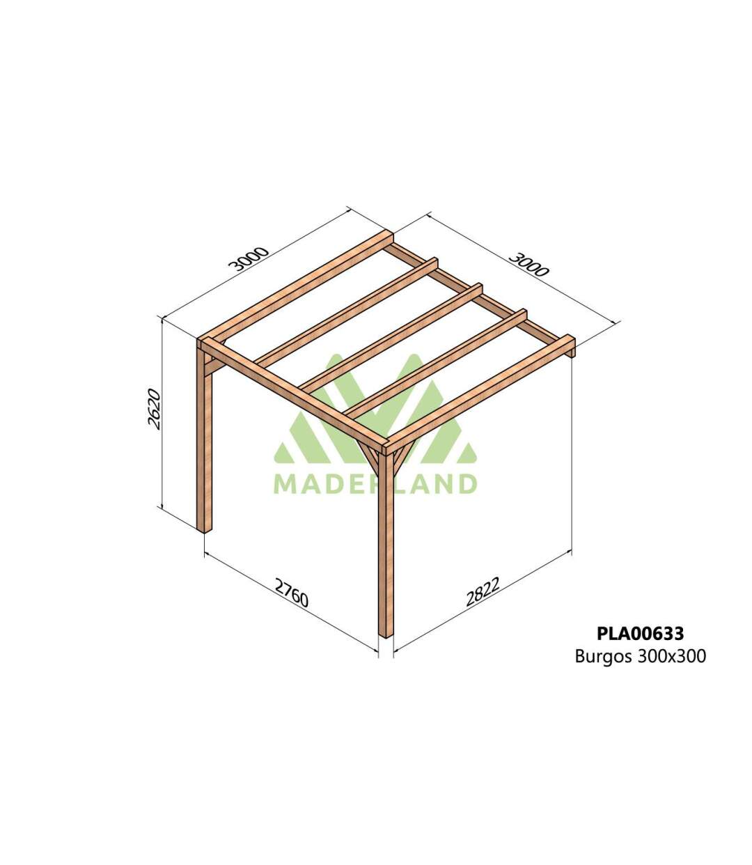 Pergola accolée en bois lamellé-collé Burgos 300 x 300 cm